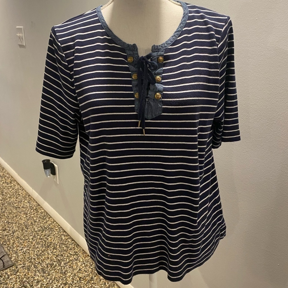 {Jones New York} Striped Lace Up Blouse